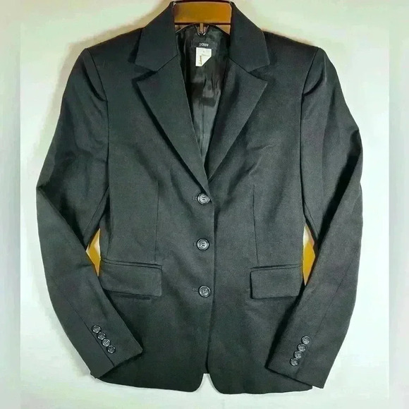 J Crew womens size 0 wool 3 button blazer jacket black classy business tailored - Picture 1 of 10